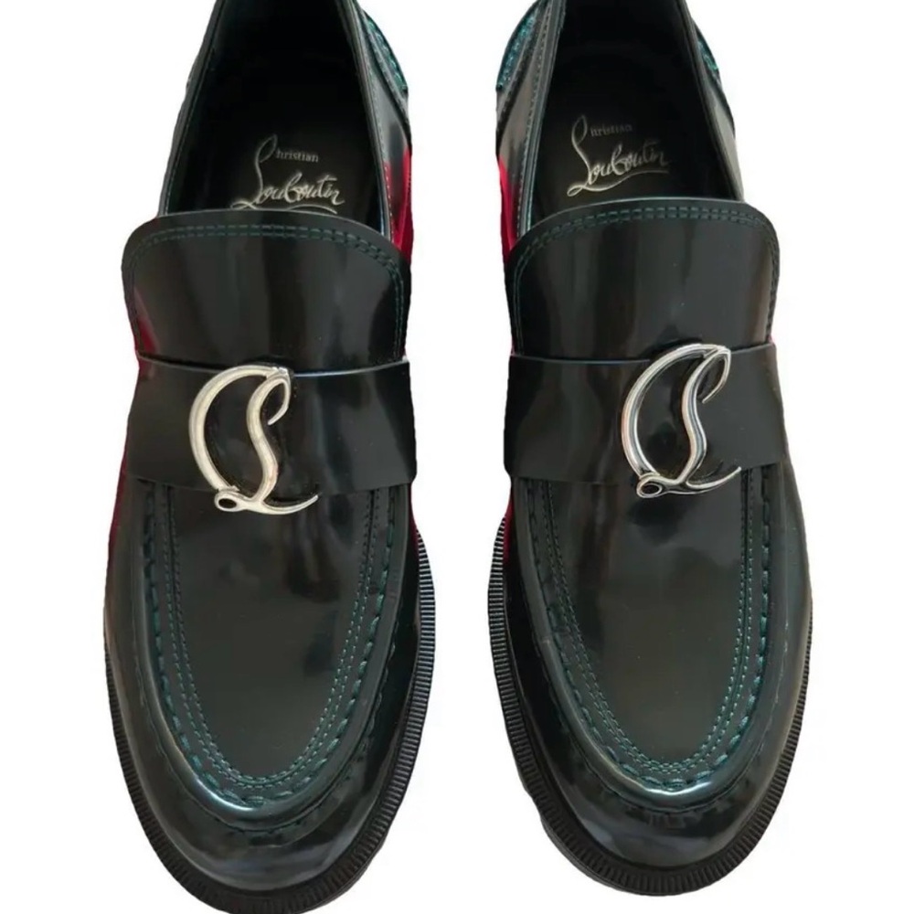 Christian Louboutin Green Patent Loafers with Silver Accent